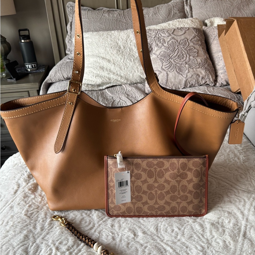 Coach Gramercy Tote in Honey + NWT Coach New York Pouch + Coach Charm in Honey